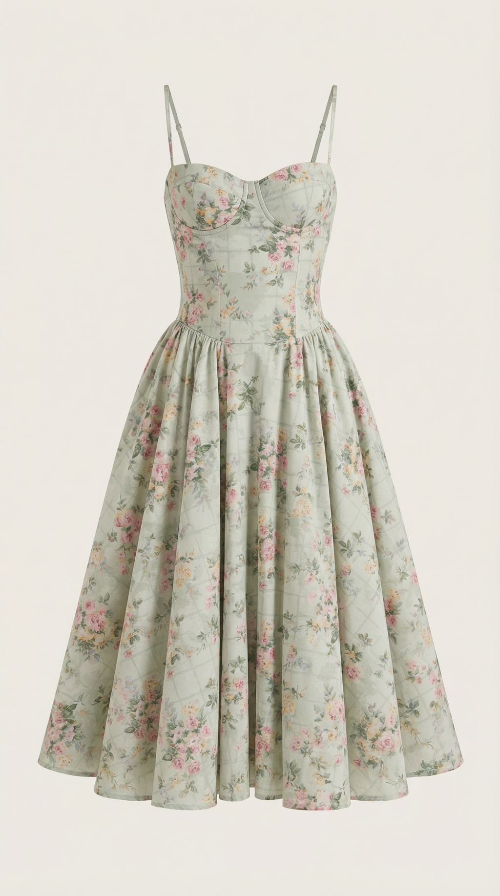 Women's Sage Green Floral Midi Dress Corset Bodice Spaghetti Strap A Line Summer Dress