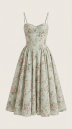 Women's Sage Green Floral Midi Dress Corset Bodice Spaghetti Strap A Line Summer Dress