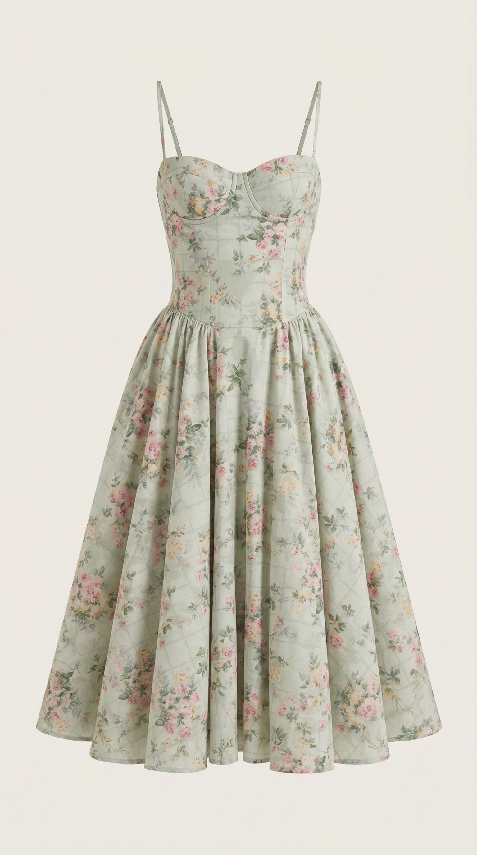 Women's Sage Green Floral Midi Dress Corset Bodice Spaghetti Strap A Line Summer Dress