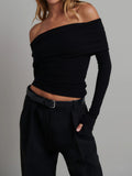 Women’s Ribbed Long Sleeve Top — Slim Fit Cropped Casual Straight Neck Stretch Everyday Basic Knit Top