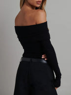 Women’s Ribbed Long Sleeve Top — Slim Fit Cropped Casual Straight Neck Stretch Everyday Basic Knit Top