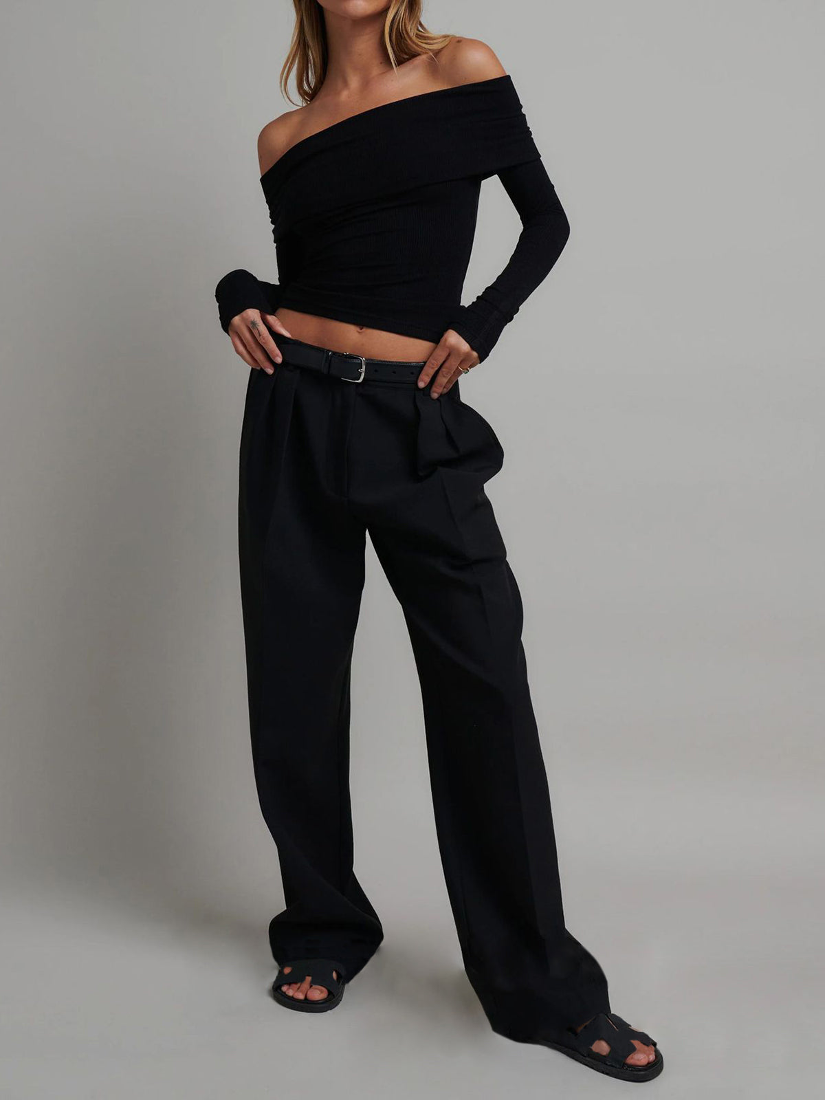 Women’s Ribbed Long Sleeve Top — Slim Fit Cropped Casual Straight Neck Stretch Everyday Basic Knit Top