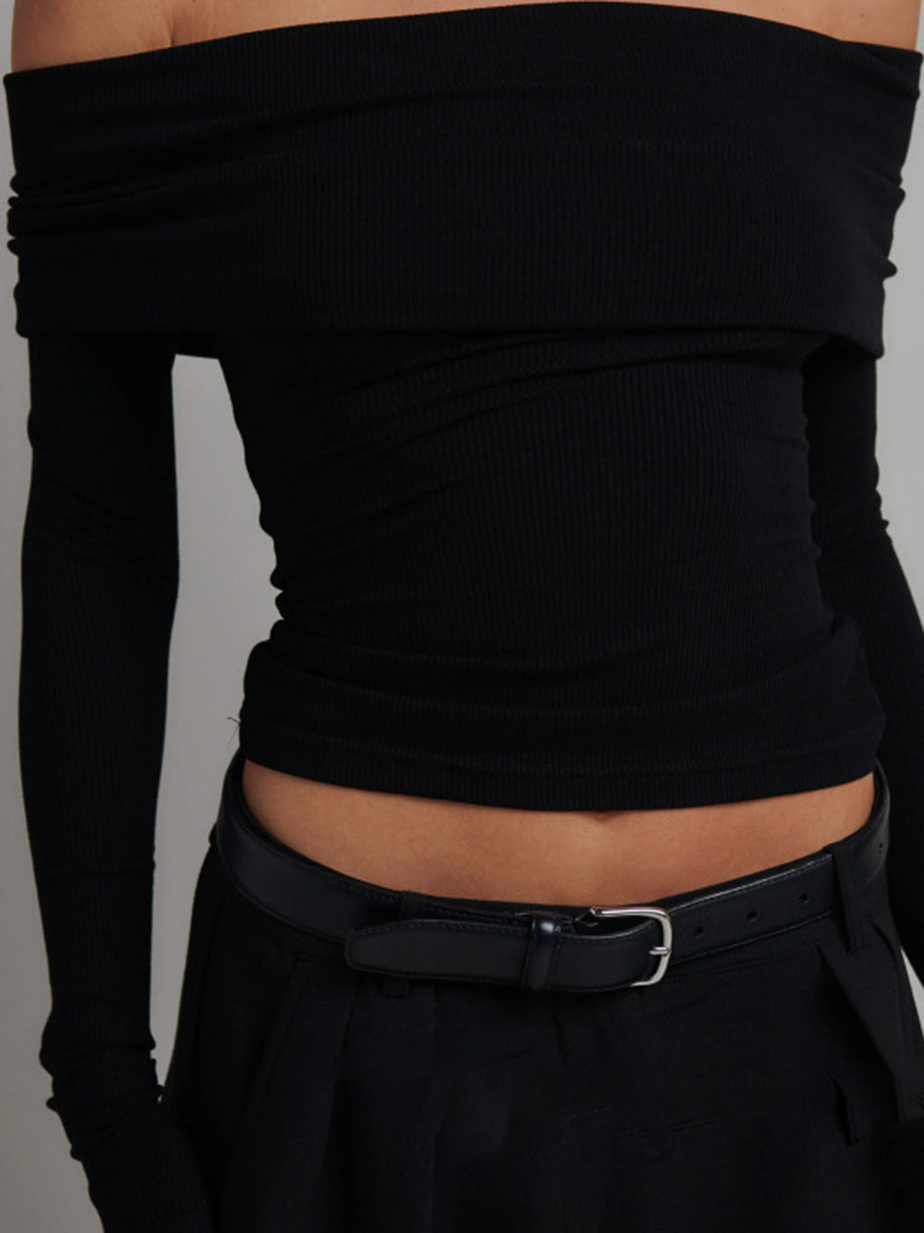Women’s Ribbed Long Sleeve Top — Slim Fit Cropped Casual Straight Neck Stretch Everyday Basic Knit Top