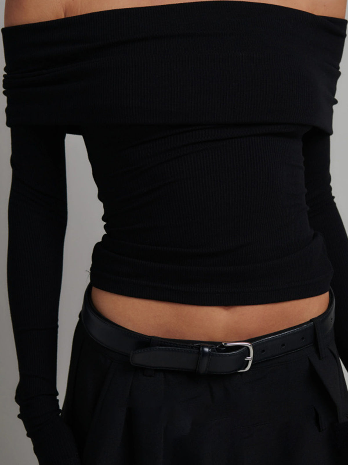 Women’s Ribbed Long Sleeve Top — Slim Fit Cropped Casual Straight Neck Stretch Everyday Basic Knit Top
