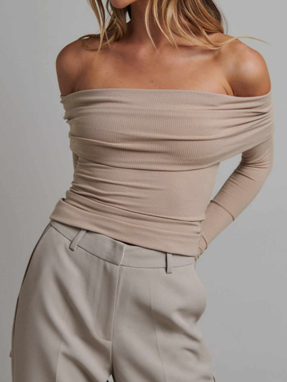 Women’s Ribbed Long Sleeve Top — Slim Fit Cropped Casual Straight Neck Stretch Everyday Basic Knit Top