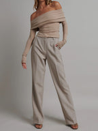 Women’s Ribbed Long Sleeve Top — Slim Fit Cropped Casual Straight Neck Stretch Everyday Basic Knit Top