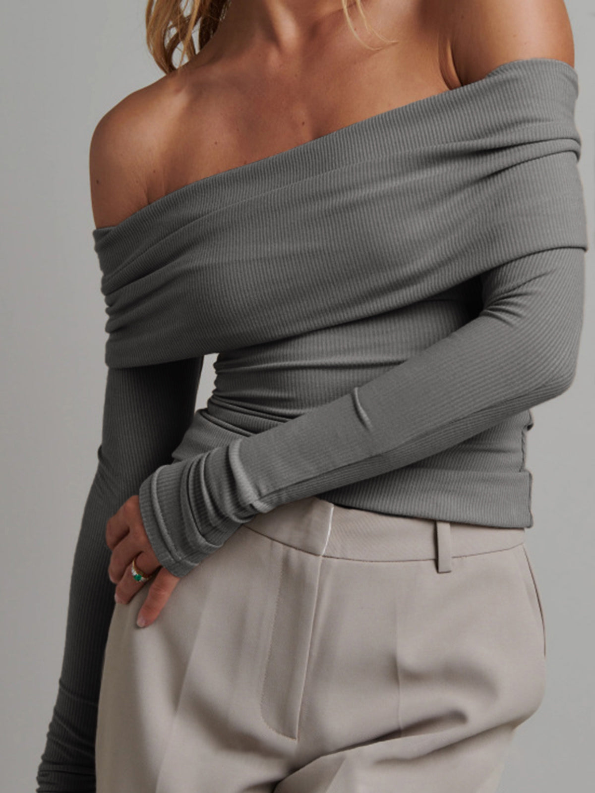 Women’s Ribbed Long Sleeve Top — Slim Fit Cropped Casual Straight Neck Stretch Everyday Basic Knit Top