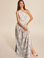 Women’s Printed Asymmetrical Neck Maxi Dress – Sleeveless Vacation & Party Dress