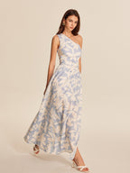 Women’s Printed Asymmetrical Neck Maxi Dress – Sleeveless Vacation & Party Dress