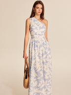 Women’s Printed Asymmetrical Neck Maxi Dress – Sleeveless Vacation & Party Dress