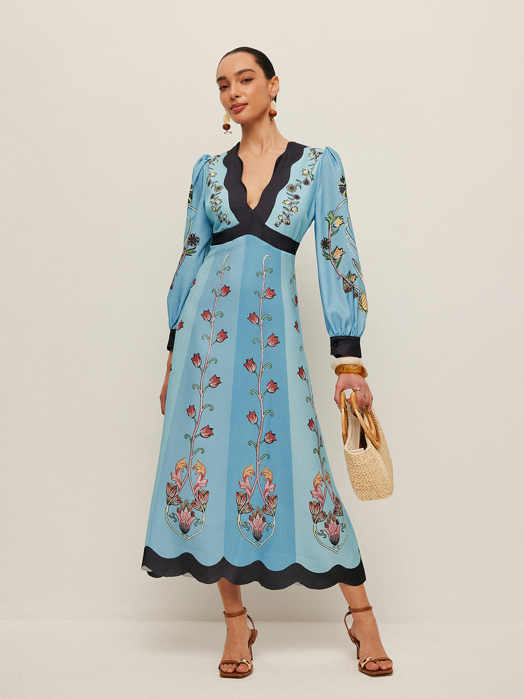 Women’s Printed Backless Midi Dress – Long Sleeve V-Neck Slim Fit Vacation Dress