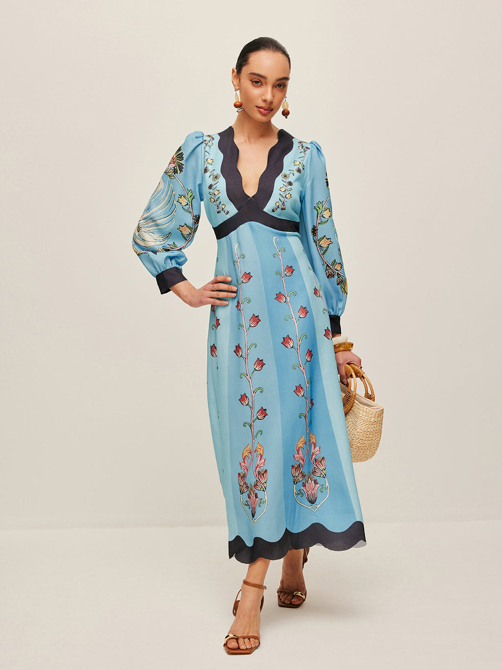 Women’s Printed Backless Midi Dress – Long Sleeve V-Neck Slim Fit Vacation Dress