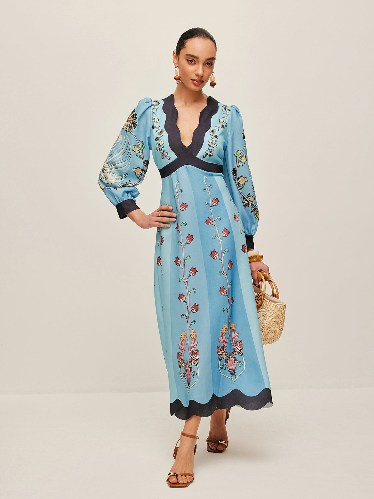 Women’s Printed Backless Midi Dress – Long Sleeve V-Neck Slim Fit Vacation Dress