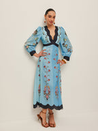Women’s Printed Backless Midi Dress – Long Sleeve V-Neck Slim Fit Vacation Dress