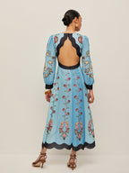 Women’s Printed Backless Midi Dress – Long Sleeve V-Neck Slim Fit Vacation Dress