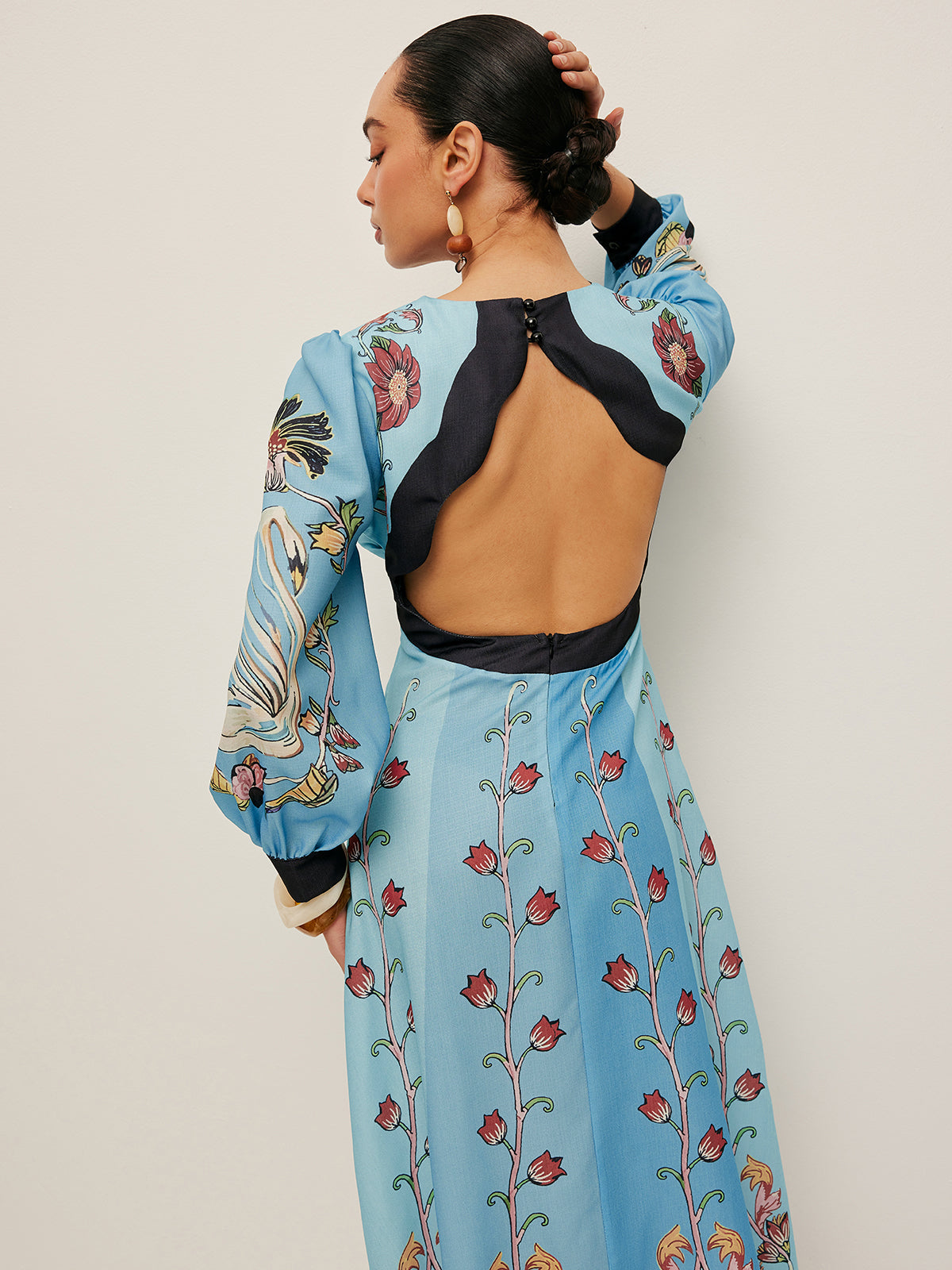 Women’s Printed Backless Midi Dress – Long Sleeve V-Neck Slim Fit Vacation Dress