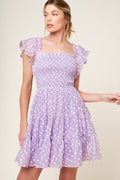 Lavender Textured Square Neck Smocked Tiered Mini Dress