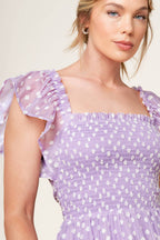 Lavender Textured Square Neck Smocked Tiered Mini Dress