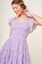 Lavender Textured Square Neck Smocked Tiered Mini Dress