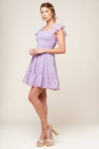 Lavender Textured Square Neck Smocked Tiered Mini Dress