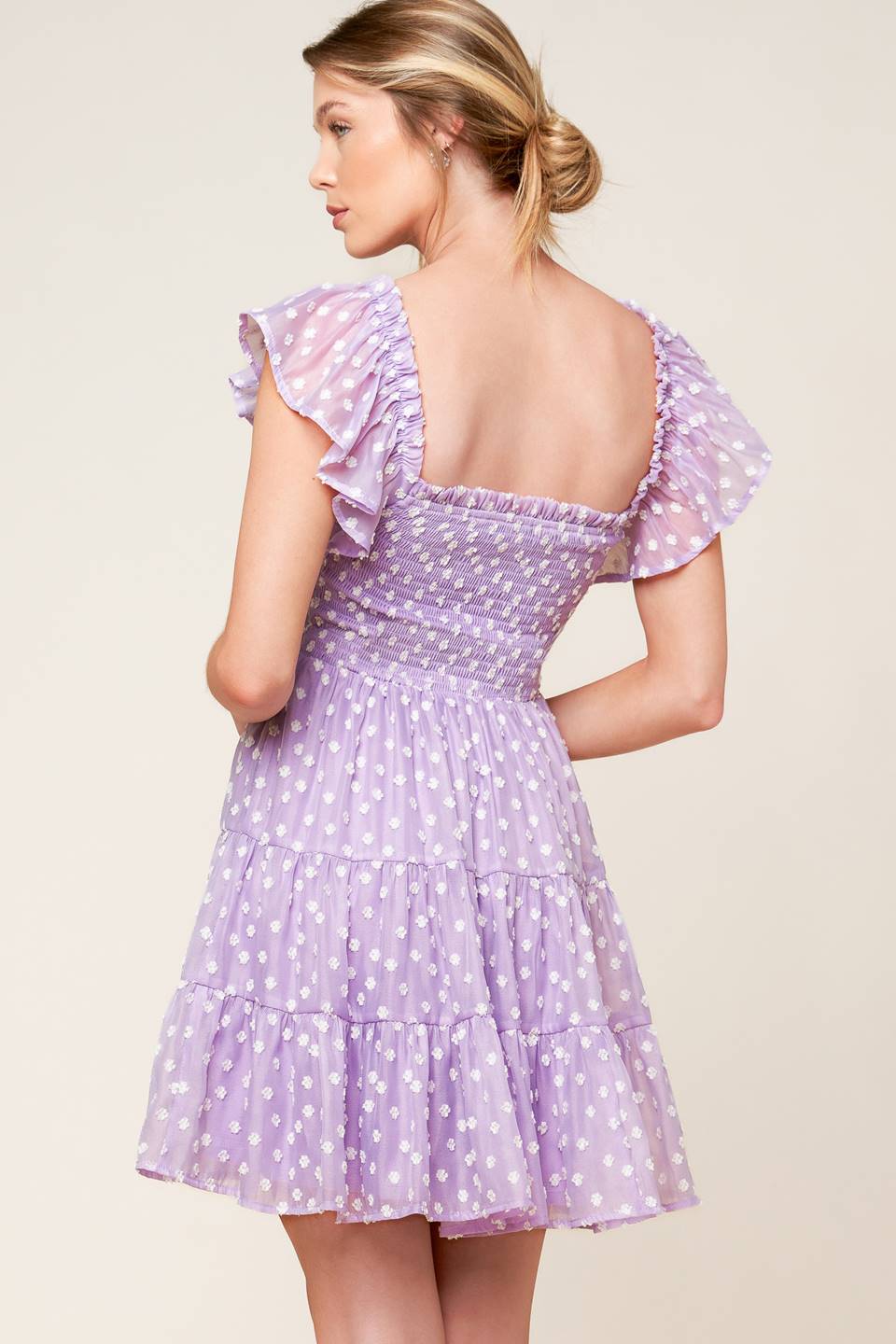 Lavender Textured Square Neck Smocked Tiered Mini Dress