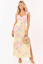 Floral Lace Mesh Maxi Dress — Women’s Fitted Stretch Bodycon Dress with Dual High Slits Elegant Evening Gown