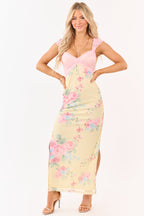 Floral Lace Mesh Maxi Dress — Women’s Fitted Stretch Bodycon Dress with Dual High Slits Elegant Evening Gown