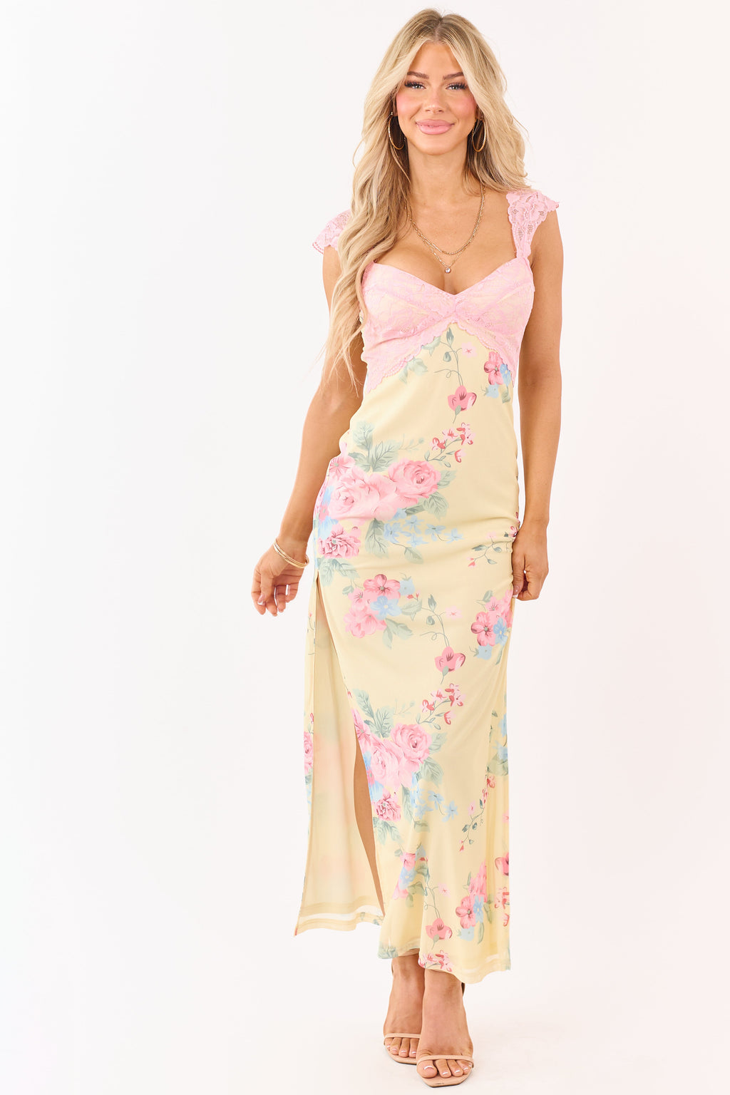 Floral Lace Mesh Maxi Dress — Women’s Fitted Stretch Bodycon Dress with Dual High Slits Elegant Evening Gown