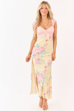 Floral Lace Mesh Maxi Dress — Women’s Fitted Stretch Bodycon Dress with Dual High Slits Elegant Evening Gown