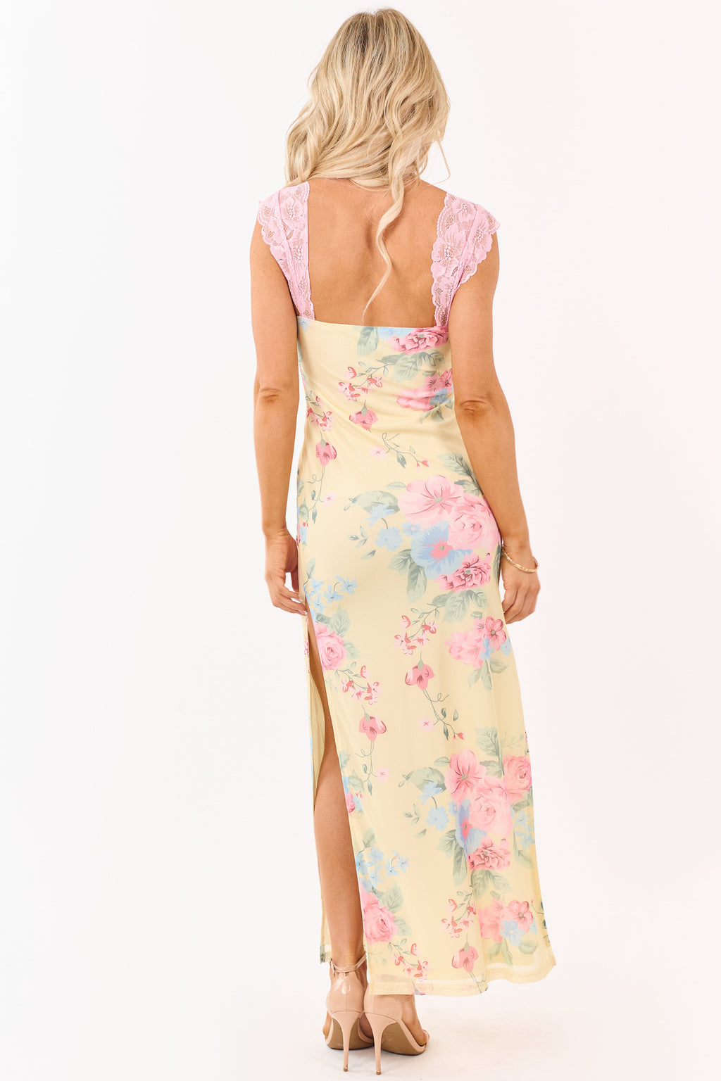 Floral Lace Mesh Maxi Dress — Women’s Fitted Stretch Bodycon Dress with Dual High Slits Elegant Evening Gown