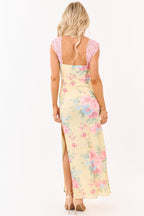 Floral Lace Mesh Maxi Dress — Women’s Fitted Stretch Bodycon Dress with Dual High Slits Elegant Evening Gown