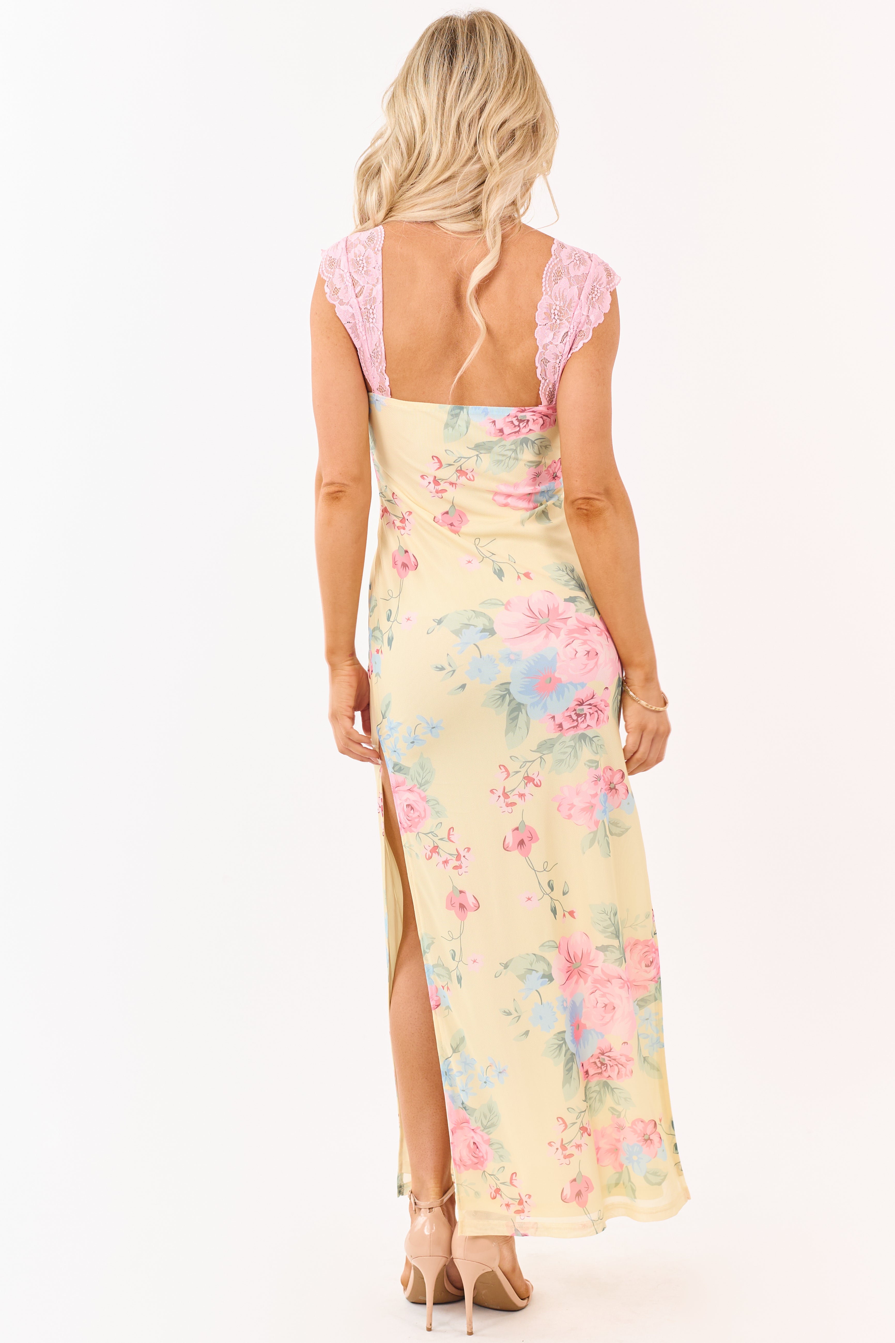 Floral Lace Mesh Maxi Dress — Women’s Fitted Stretch Bodycon Dress with Dual High Slits Elegant Evening Gown