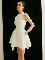 Women’s Sleeveless Pocket Mini Dress — Collarless Elegant Short Dress with Invisible Zipper for Work, Party & Vacation