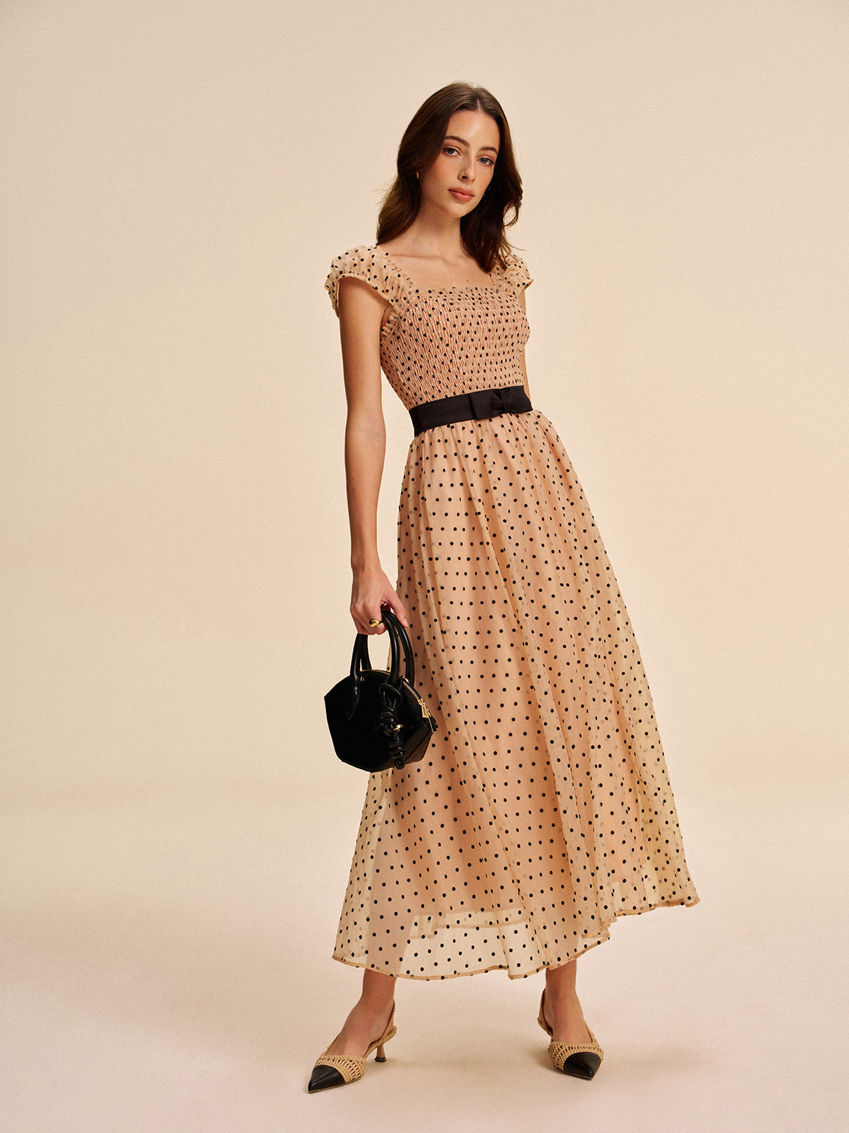 Women’s Mesh Pleated Maxi Dress – Square Neck Belted Lettuce Trim Dress