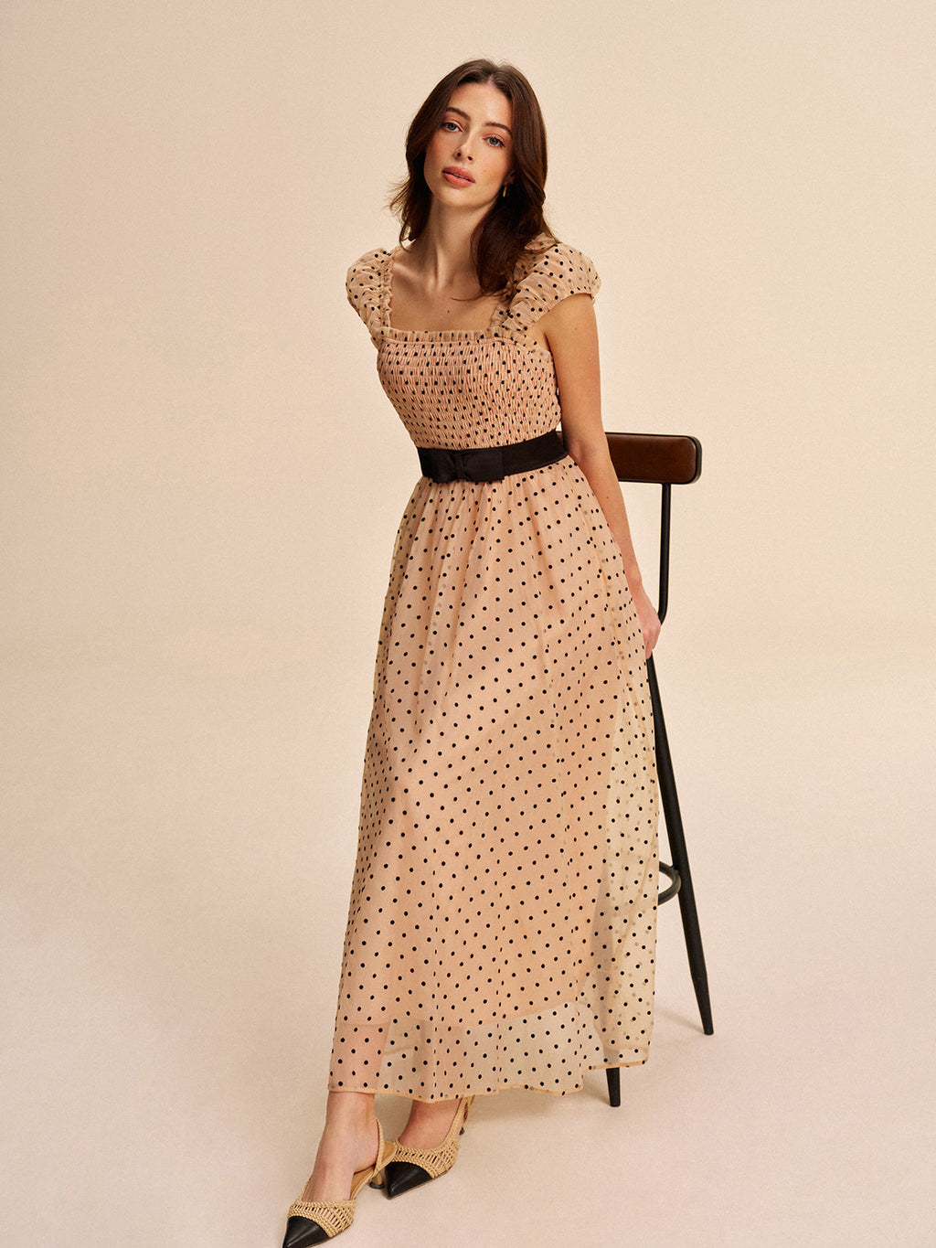 Women’s Mesh Pleated Maxi Dress – Square Neck Belted Lettuce Trim Dress
