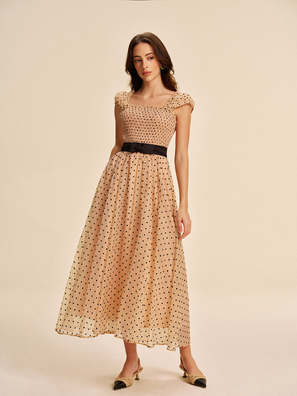 Women’s Mesh Pleated Maxi Dress – Square Neck Belted Lettuce Trim Dress