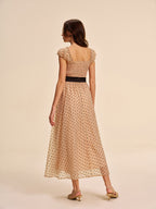 Women’s Mesh Pleated Maxi Dress – Square Neck Belted Lettuce Trim Dress