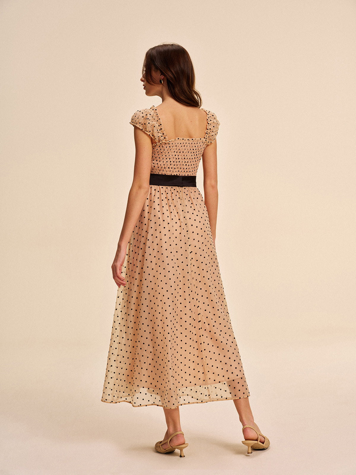 Women’s Mesh Pleated Maxi Dress – Square Neck Belted Lettuce Trim Dress