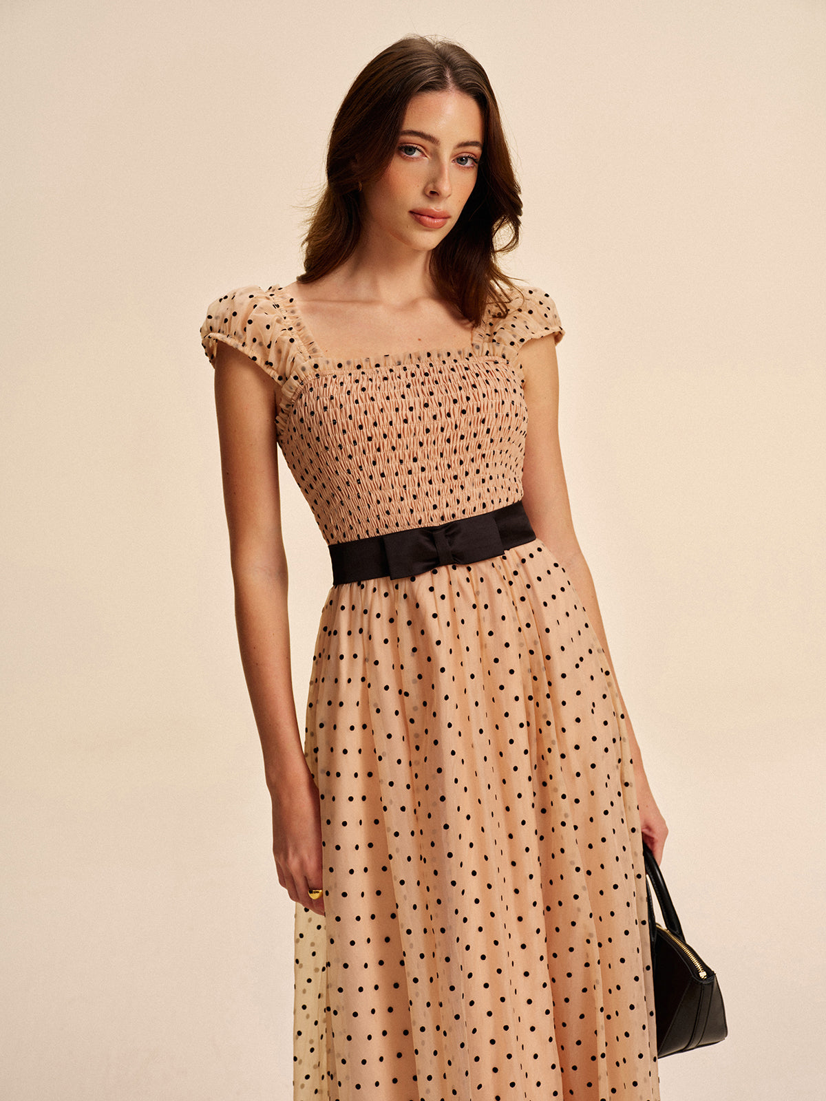 Women’s Mesh Pleated Maxi Dress – Square Neck Belted Lettuce Trim Dress