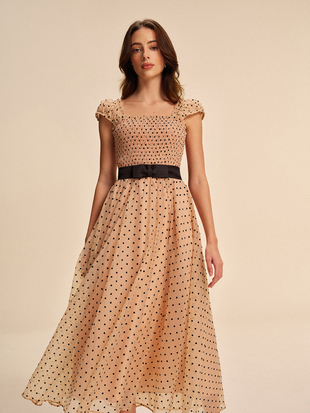 Women’s Mesh Pleated Maxi Dress – Square Neck Belted Lettuce Trim Dress