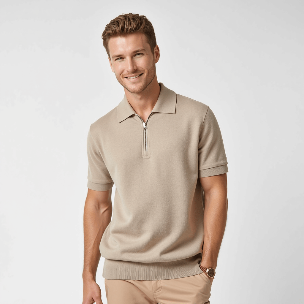 Men’s Zip-Up Polo Shirt — Lightweight Mesh Panel Performance Polo Athletic Casual Short Sleeve Top