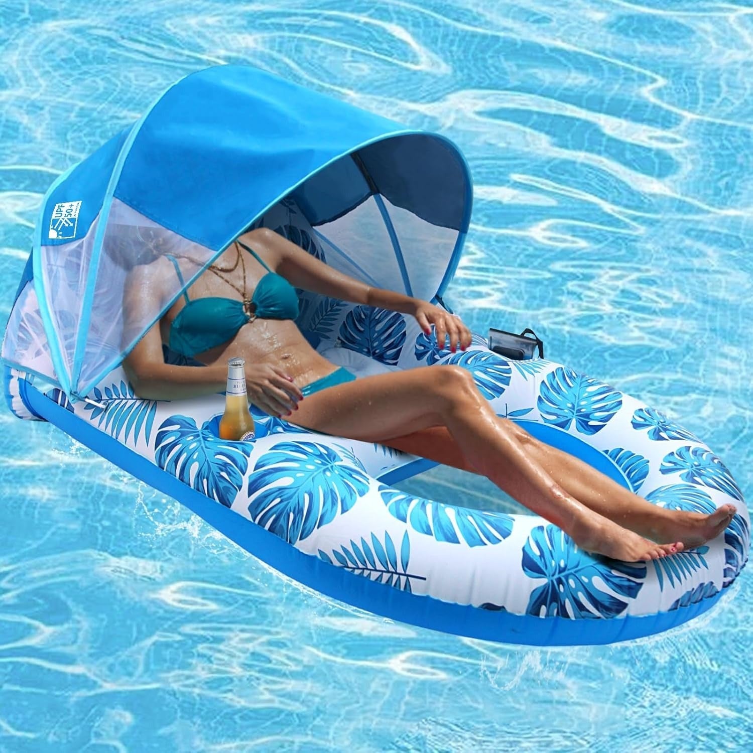 Pool Lounge Float with Canopy Cup Holder and Backrest