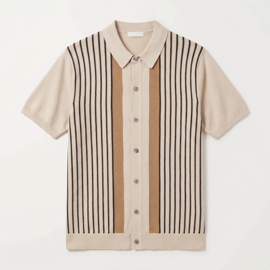 Men’s Striped Knit Button-Up Shirt – Relaxed Fit Casual Soft Knit Collared Shirt