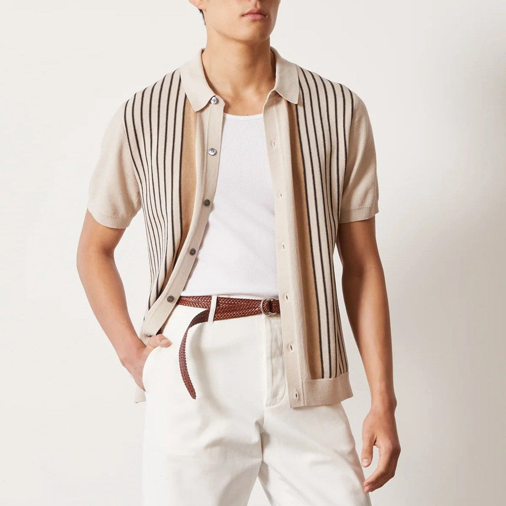 Men’s Striped Knit Button-Up Shirt – Relaxed Fit Casual Soft Knit Collared Shirt