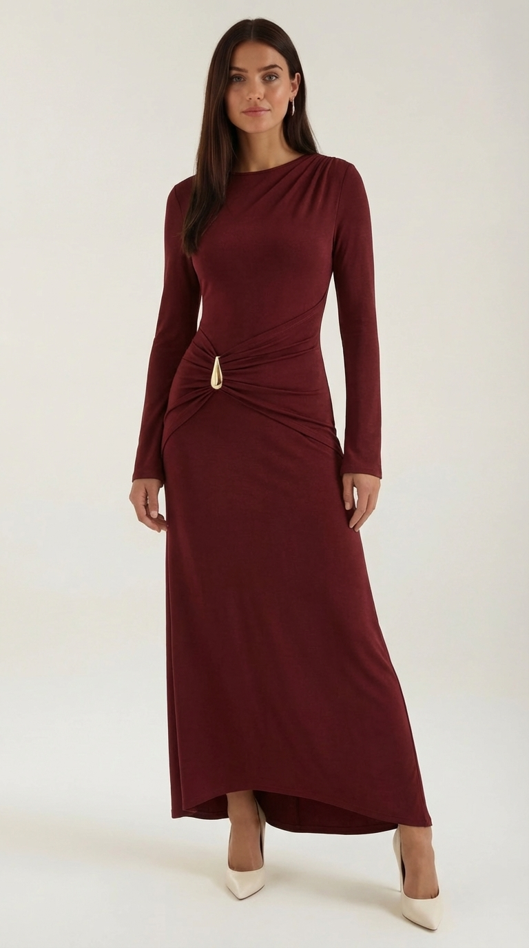 Renee Long Sleeve Maxi Dress – Ruched Elegant Statement Evening Gown