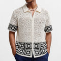 Men’s Retro Crochet Knitted Polo Shirt – Hollow Out Jacquard Short Sleeve Cardigan Summer Top