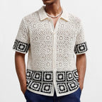 Men’s Retro Crochet Knitted Polo Shirt – Hollow Out Jacquard Short Sleeve Cardigan Summer Top