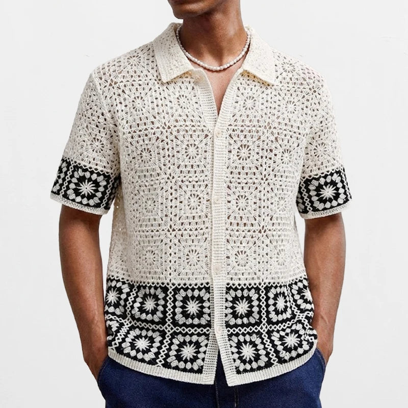 Men’s Retro Crochet Knitted Polo Shirt – Hollow Out Jacquard Short Sleeve Cardigan Summer Top