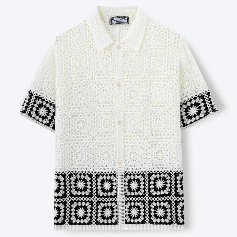 Men’s Retro Crochet Knitted Polo Shirt – Hollow Out Jacquard Short Sleeve Cardigan Summer Top
