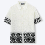 Men’s Retro Crochet Knitted Polo Shirt – Hollow Out Jacquard Short Sleeve Cardigan Summer Top